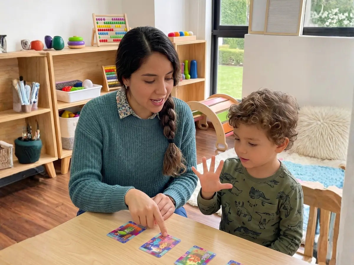 Niña explorando emociones con cartas ilustradas